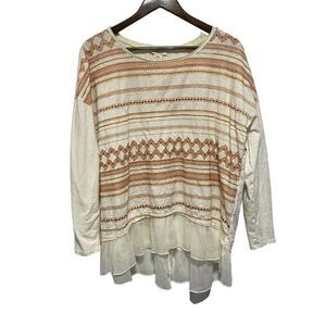 Sundance Top Womens L Ivory Embroidered 3/4 Sleeve Bohemian Ruffle‎ Hem Sequins